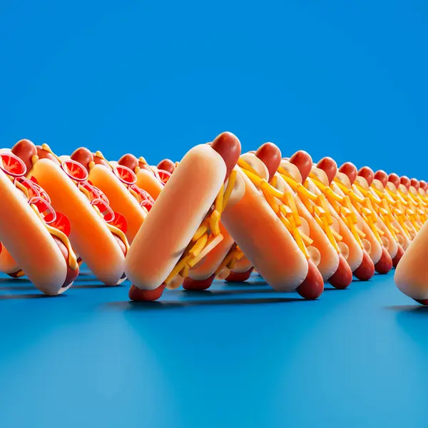 Řady Hot Dogů Uspořádány Rovnoměrně Chůze Modrém Pozadí Hot Dogy — Stock fotografie