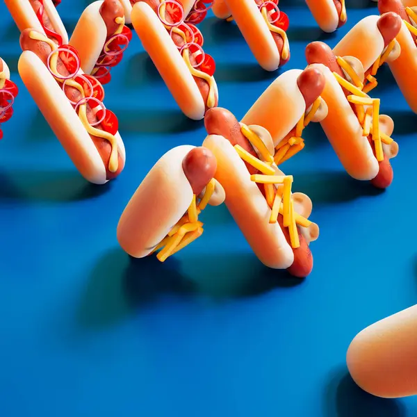 Auf Blauem Hintergrund Reihen Sich Hot Dogs Gleichmäßig Aneinander Hot — Stockfoto