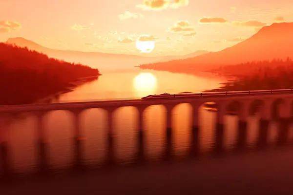 Modern bullet train speeding across a beautiful brick bridge against a picturesque sunset. The train\'s sleek design and advanced technology make for a fast and efficient mode of transportation.