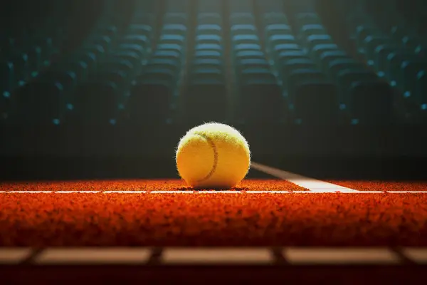 Una Palla Tennis Sul Campo Arancione Pallone Illuminato Che Giace — Foto Stock