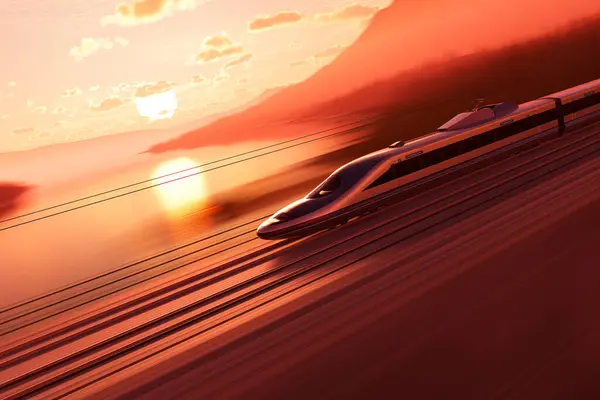 Modern bullet train speeding across a beautiful brick bridge against a picturesque sunset. The train\'s sleek design and advanced technology make for a fast and efficient mode of transportation.