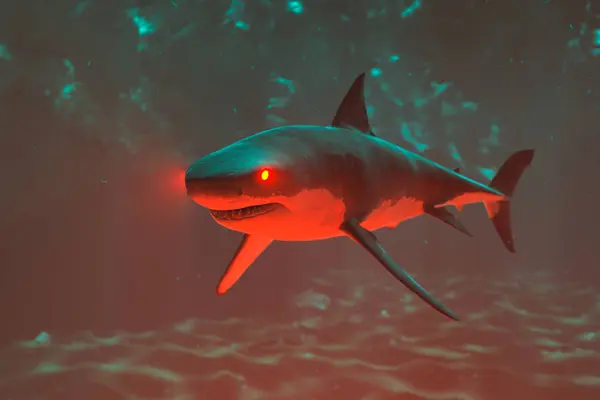 Shark\'s attack. Picture of evil shark swimming around on the bottom of the ocean. Shark is moving swiftly in the underwater cave and finally attacking. The atmosphere of danger. Deep blue water.