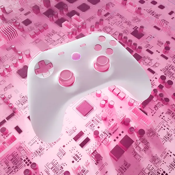 Nuovissimo Controller Gamepad Bianco Uno Sfondo Rosa Circuito Femminile Joypad — Foto Stock