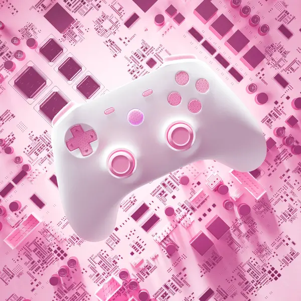 全新的白色游戏面板控制器 粉色女性电路板背景 聚乙烯板在焦点上 金属晶体管在深度的场爆裂效果 现代女选手流 — 图库照片