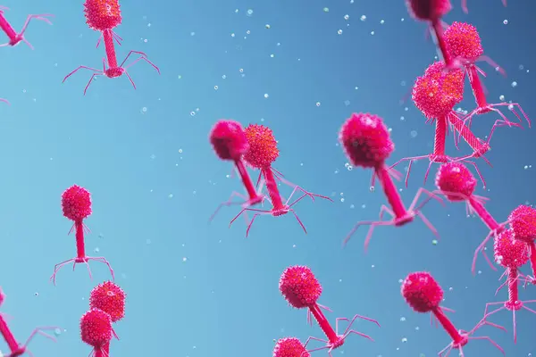 Lots Floating Bacteriophages Virus Waiting Infecting Bacteria Bright Red Phages — Stock Photo, Image