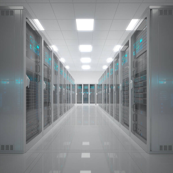 Countless modern server cabinets in a render farm. Bright, clean, sci-fi, futuristic room with a glossy floor. State of the art technology. Communication hub corridor.