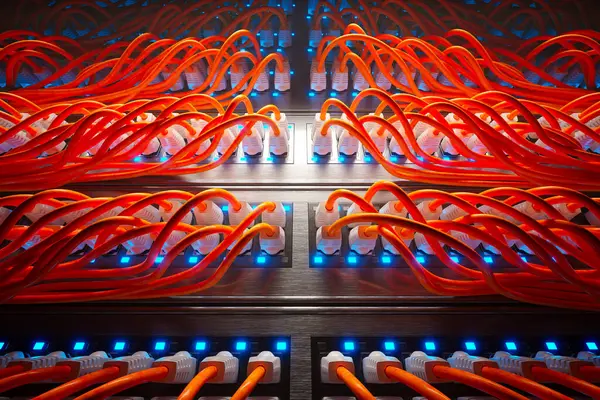 Countless Orange Cables Modern Server Room Cabinets Dark Render Farm — Stock Photo, Image