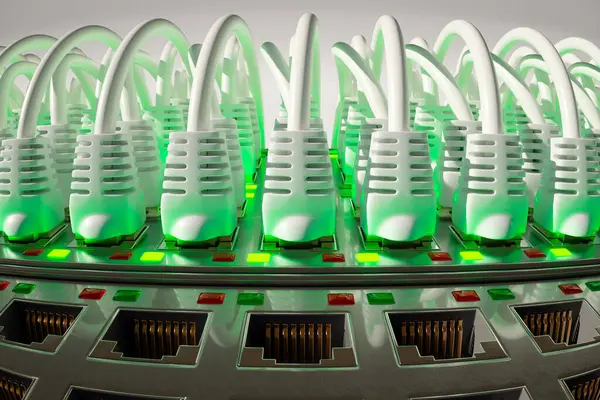 Countless Bright White Ethernet Cables Modern Router Green Lights Illuminate — Stock Photo, Image