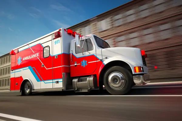 White ambulance truck driving through a city in a hurry. Urgent matter. Red signal lights blinking. Life or death situation. Sunny weather and clear sky. Buildings blurred by motion in the background.
