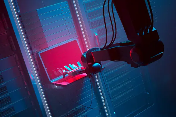 Robot Hacking Servers Hacker Big Metal Mechanical Robot Hand Typing — Stock Photo, Image