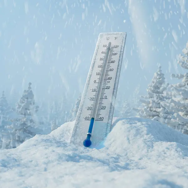 Thermometer Bij Sneeuwdrift Prachtige Witte Besneeuwde Omgeving Kwikkolom Toont Extreem — Stockfoto