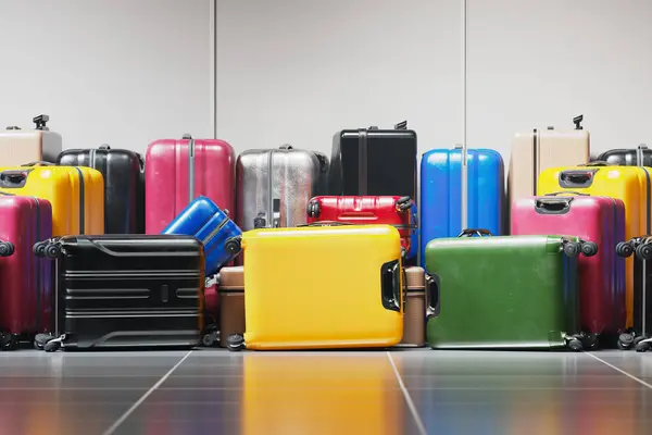 Various types of baggage waiting to be packed into airplanes or picked up by their owners. Storeroom, warehouse, magazine, depot, lost and found luggage rack. Bags of all shapes and sizes. Suitcases