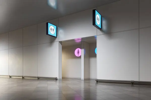Wejście Publicznej Toalety Lotnisku Lub Dworcu Kolejowym Świecące Znaki Ścianie — Zdjęcie stockowe