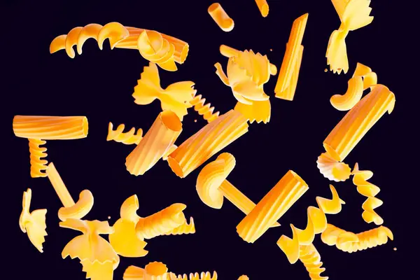 Falling Raw Pasta Picture Various Pasta Shapes Black Background Penne — Stock Photo, Image