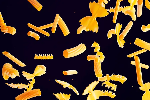 Falling Raw Pasta Picture Various Pasta Shapes Black Background Penne — Stock Photo, Image