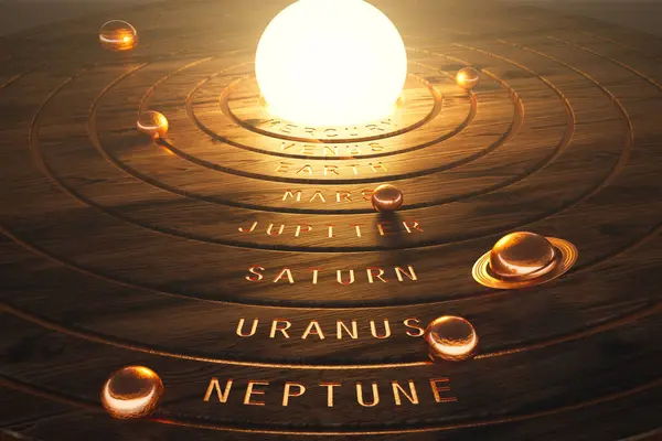 Toy Solar system model. 8 golden planets on round orbits rotating around the light bulb imitating the Sun. Wooden rings with golden elements. Perfect for educational purposes.