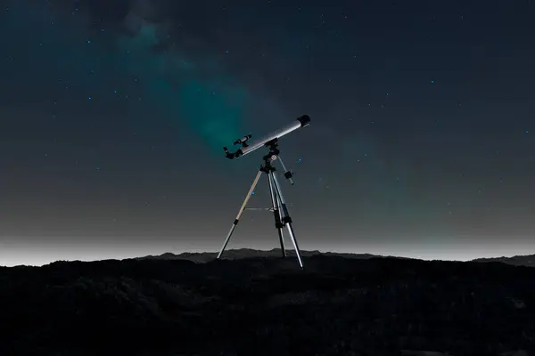 Amazing picture with a telescope at a starry sky background. The night sky landscape with telescope silhouette. Astronomy. Observing stars constellations in the galaxy. Discovery. Space exploration