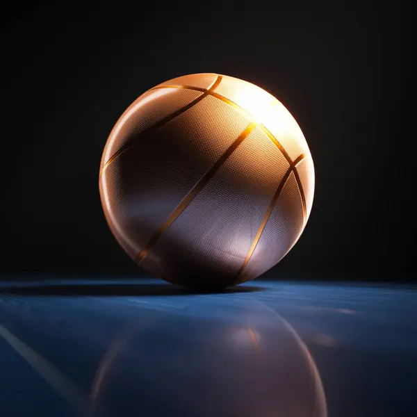 View at golden basketball court. A camera focused on a ball lying on blue glossy parquet. Foggy immersive lighting. Highlighted lines. Before the competition. Climatic sports event tournament.