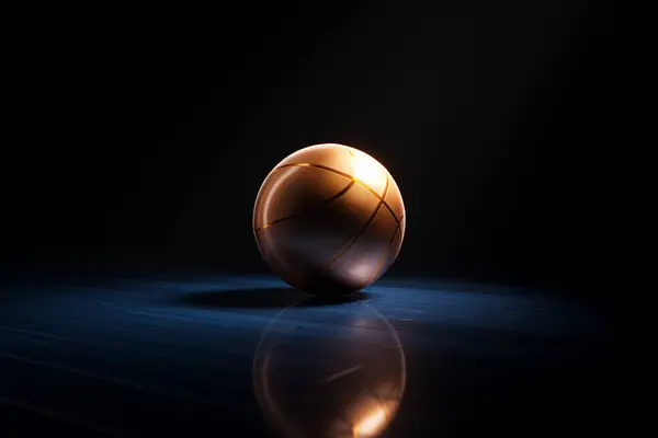 View at golden basketball court. A camera focused on a ball lying on blue glossy parquet. Foggy immersive lighting. Highlighted lines. Before the competition. Climatic sports event tournament.