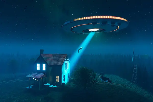 Alien Invasion Circular Silhouette Shiny Metal Flying Saucer Farmhouse Ufo — Stock Photo, Image