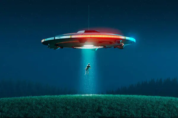 Extraterrestrial Flying Saucer Kidnapping Human Grass Field Ufo Hangs Lonely — Stock Photo, Image