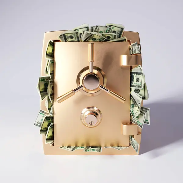 A 3D rendering of a closed, golden armored safe filled to the brim with stacks of paper money on a plain white background. Perfect for financial, banking, or security concepts