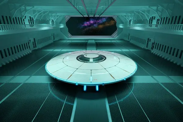 站在机库里的白色金属飞碟 外星宇宙飞船正准备入侵 Ufo在战斗前的维修五彩斑斓的星状星云在一个敞开的舱口中被看见 — 图库照片