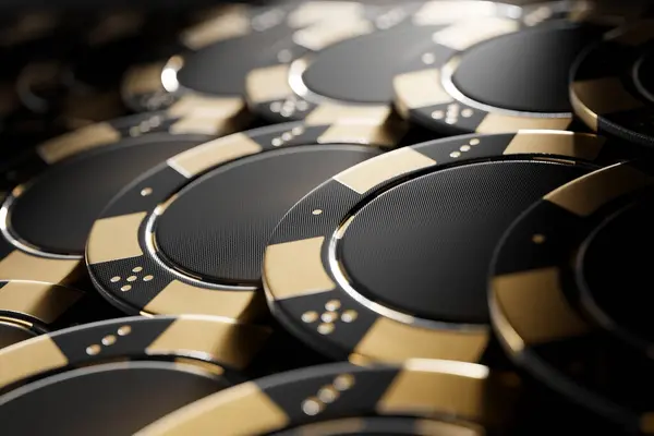 Black Gold Casino Tokens Arranged Dark Poker Table Image Showing — Stock Photo, Image