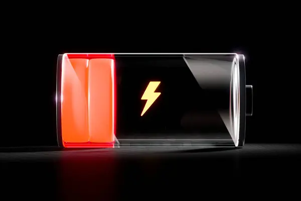 An empty rechargeable battery made of metal and glass is accumulating energy. The power level showed as red cells is increasing. Yellow lighting icon indicator showing charging process