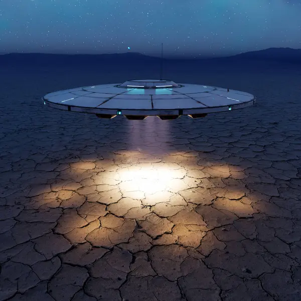 Alien Invasion Circular Silhouette Shiny Metal Flying Saucer Empty Desert — Stock Photo, Image