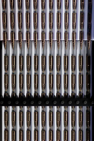 Production Line Ammo Factory Freshly Manufactured Bullets Being Sorted Prepared — Stock Photo, Image