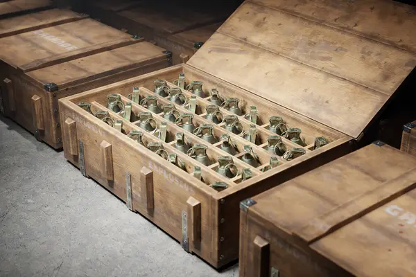 Wooden Military Boxes Filled Grenades Ammunition Containers Shown Stacked One — Stock Photo, Image