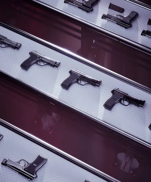 Conveyor belt with freshly manufactured handguns. Semi-automatic pistols mass production for civilian self-defense, military officers or police. This image showcases deadly steel weapons