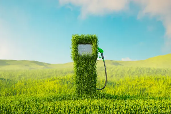 stock image Fuel dispenser with a gas pump nozzle covered by green grass. Concept of eco-friendly fuels for transportation and renewable energy sources. Biodiesel. Refuel car with eco petrol at the gas station.