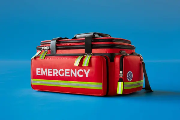 A professional red emergency first aid bag in simple studio light. Paramedic fast response in case of life in danger. Doctors\' kits equipped with everything needed to help patients. Blue background