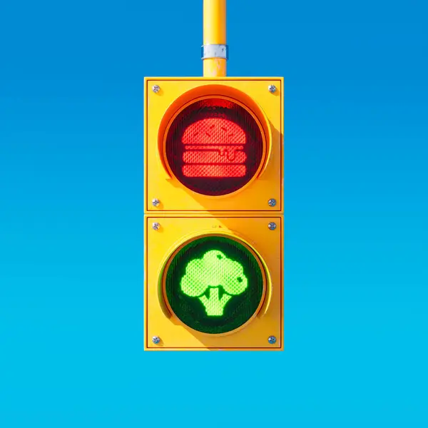 黄色的交通信号灯和蓝色背景的风趣设置了两盏灯 红色与汉堡的符号 绿色与西兰花或蔬菜的符号 健康食品选择的象征 饮食习惯 — 图库照片