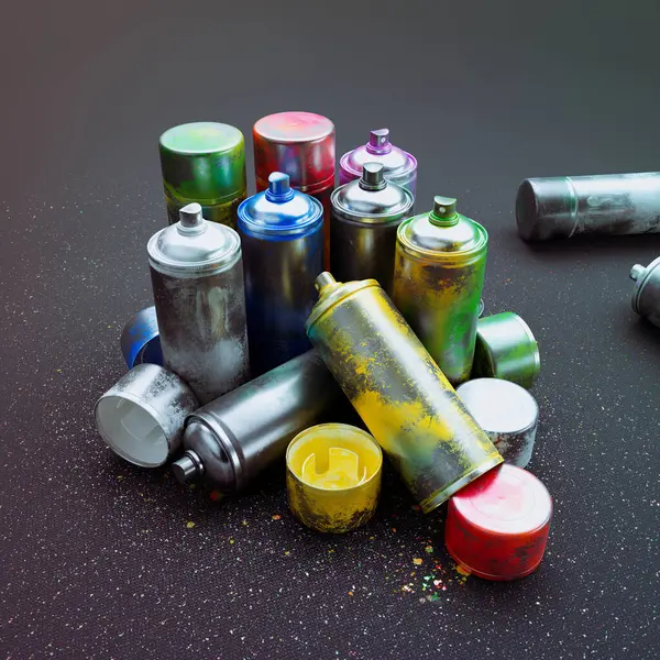 Multiple Colorful Spray Paint Cans Stack Dark Background Collection Colorful — Stock Photo, Image
