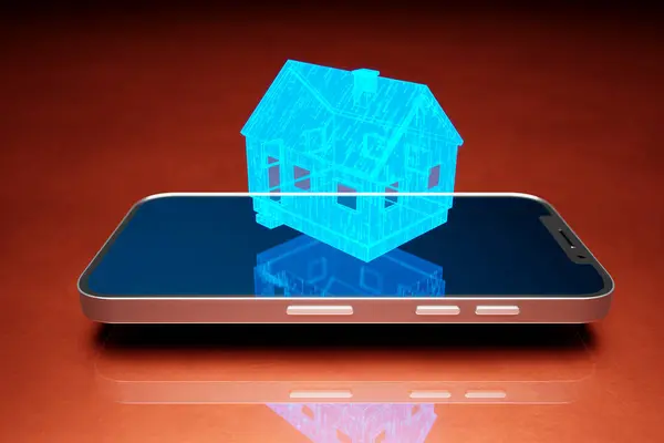 现代家庭的象征 在智能手机上方铜制背景的虚拟房子 聪明的家用电器无线网络中的附件 现代技术通信家用电器 — 图库照片