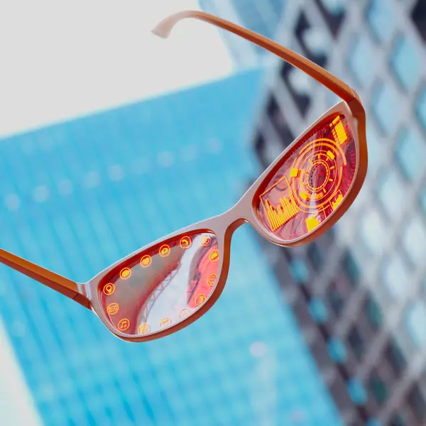 Pair Orange Smart Glasses Cityscape Background Stylish Futuristic Glasses Feature — Stock Photo, Image