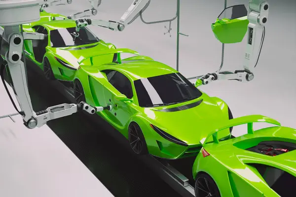 Modern, automated car factory manufacturing supercars. Robotic arms creating slick, exotic, powerful vehicles in a long assembly line. Fast, efficient, futuristic automotive engineering and production