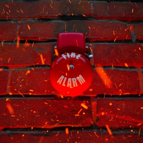 Smoke Alarm Brick Wall Red Electric Alarm Bell Ringing While — Stock Photo, Image