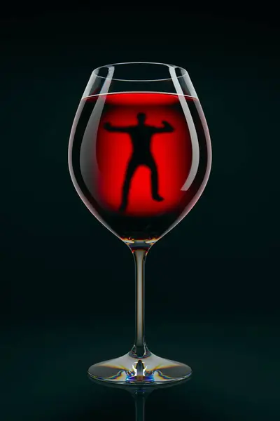 一个醉汉在黑暗的背景下在酒窖里游泳的寓言场景 酗酒成瘾症一个充满红色液体的闪闪发光的玻璃杯 里面塞满了上瘾的酒 渲染Cgi — 图库照片