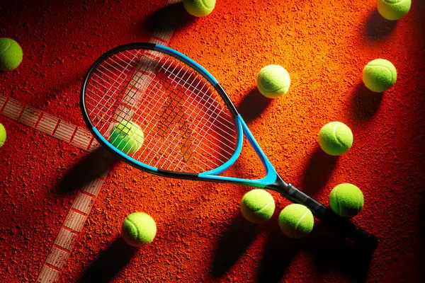 Aerial View Several Tennis Balls Tennis Racket Lying Empty Orange — Stock Photo, Image