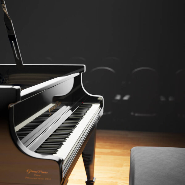 A black grand piano on stage, its keys shining under the spotlight, captivates the audience. The empty hall creates anticipation for the upcoming beautiful melodies