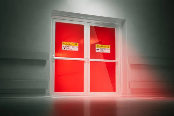 A 3D rendering image depicting a hospital corridor with glass doors illuminated in red. The closed doors are marked with a sign: \'quarantine restricted area.
