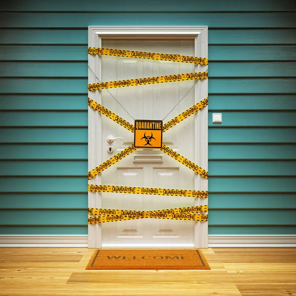 Entrance Door House Sealed Yellow Tapes Symbolizing Quarantine Virus Prevention — Stock Photo, Image