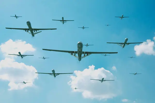 Aerial view of a fleet of unmanned aerial vehicles soaring high in the sky. This 3D rendering showcases the advanced technology and capabilities of these drones as they fly in perfect formation.