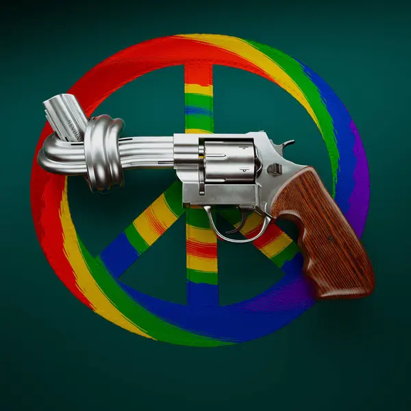Revolver with a knot on the barrel. Metallic handgun laying on green fabric with peace symbol  Metaphor of peace or objection against human rights to gun ownership for self - protection and defense