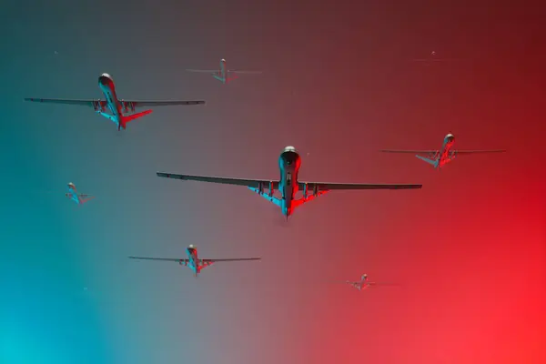 Aerial view of a fleet of unmanned aerial vehicles soaring high in the sky. This 3D rendering showcases the advanced technology and capabilities of these drones to fly in perfect formation. Red Sky
