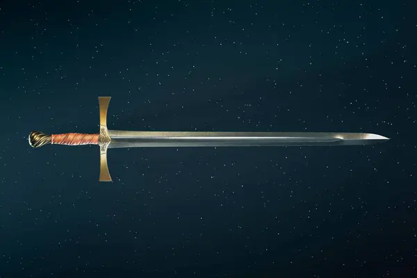 Nádherně Vyrobený Středověký Meč Lesklou Čepelí Vyřezávanou Koženou Rukojetí Připravený — Stock fotografie